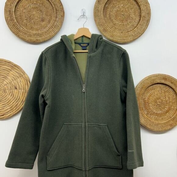 Woolrich Green Zip Up Long Length Wool Hooded Winter Coat Jacket Medium - Picture 3 of 9